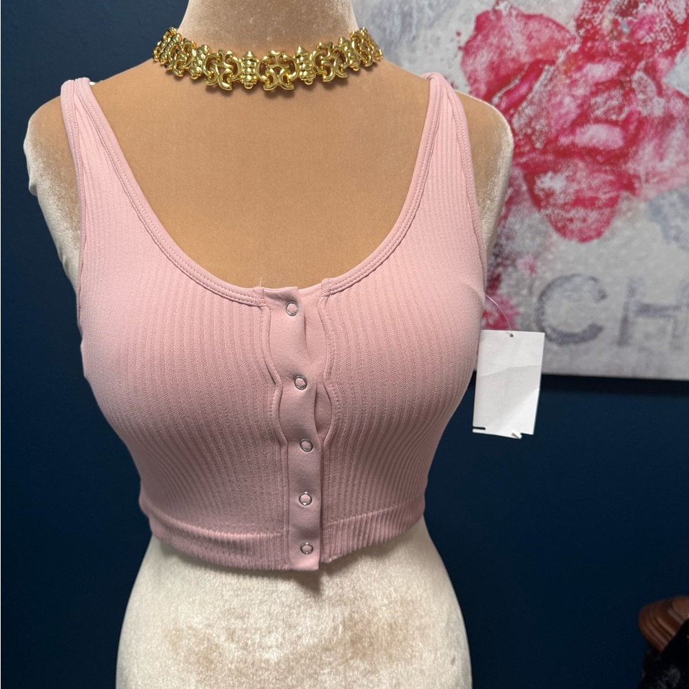 Yogalicious Pink Ribbed Button-Front Crop Tank